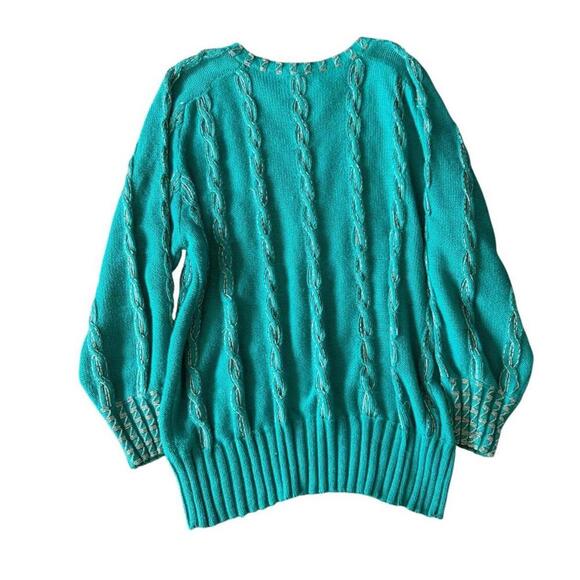 Bonnie Boerer 1988 Beaded Cable Knit Sweater – Teal, Size S/P - Picture 2 of 7